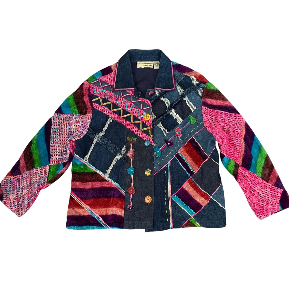 Vtg 90s Carrie Allen Patchwork Denim Jacket Sz XL Hippie Boho Festival
